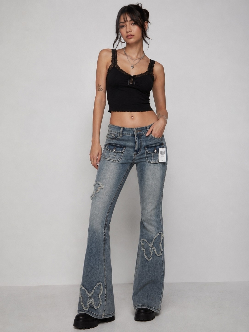 Women's Blue Denim Flared Jeans with Butterfly Embroidery